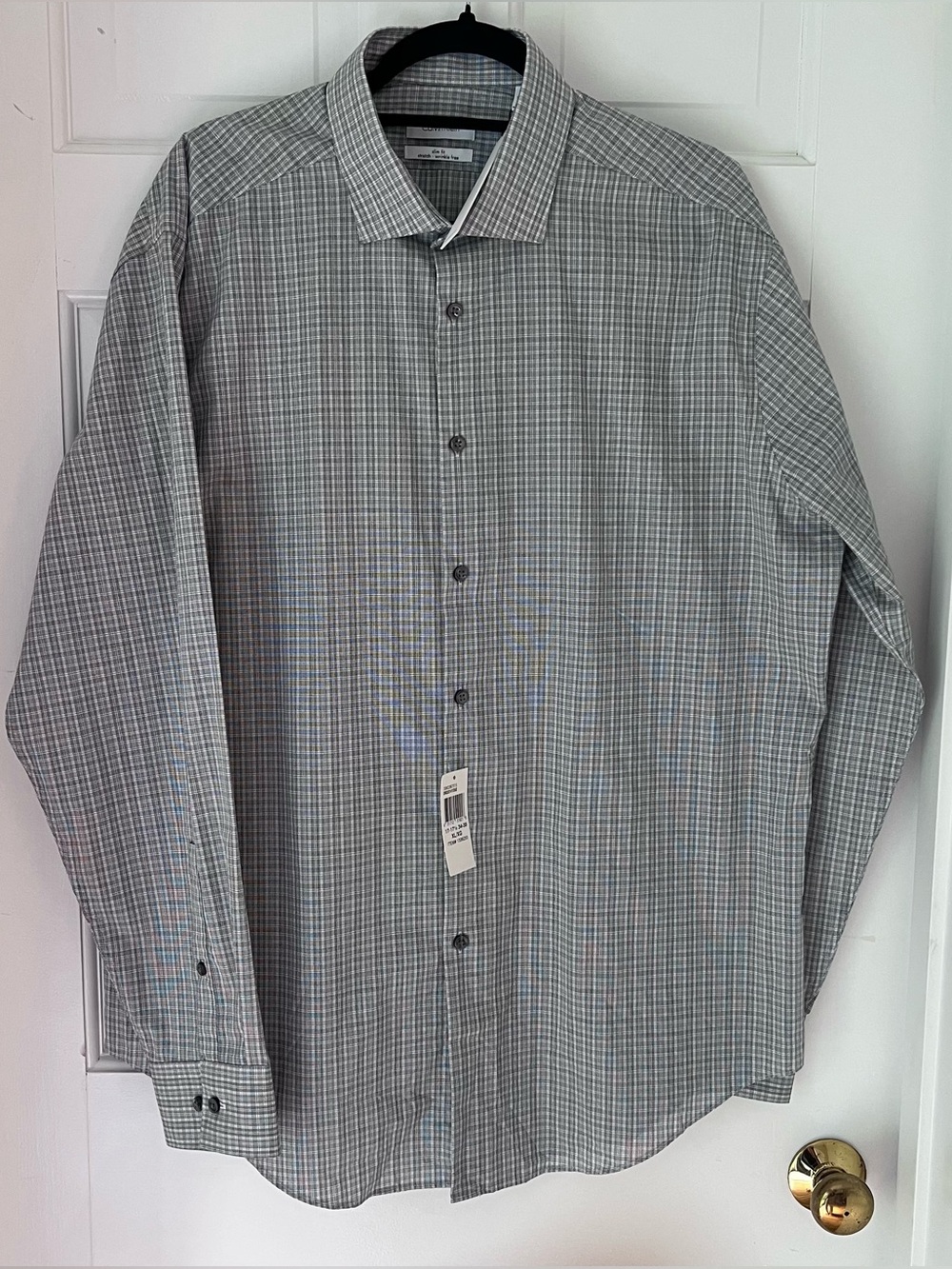 NEW Calvin Klein Gray Check Dress Shirt, Slim Fit, Stretch, Wrinkle Free, Sz XL